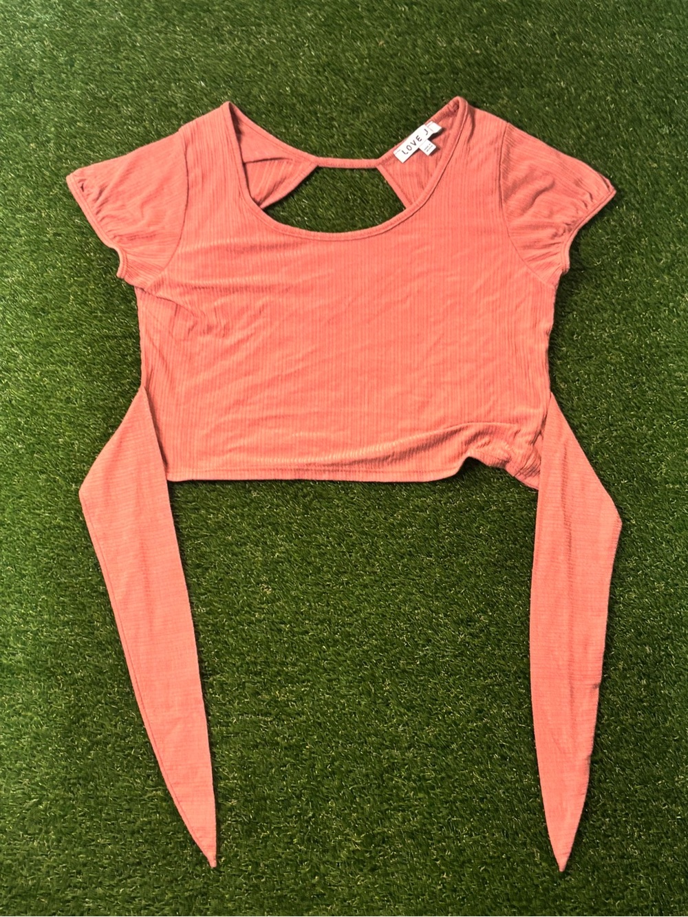 love J Coral Ribbed Crop Top with Front Cutout and Tie Sleeves
